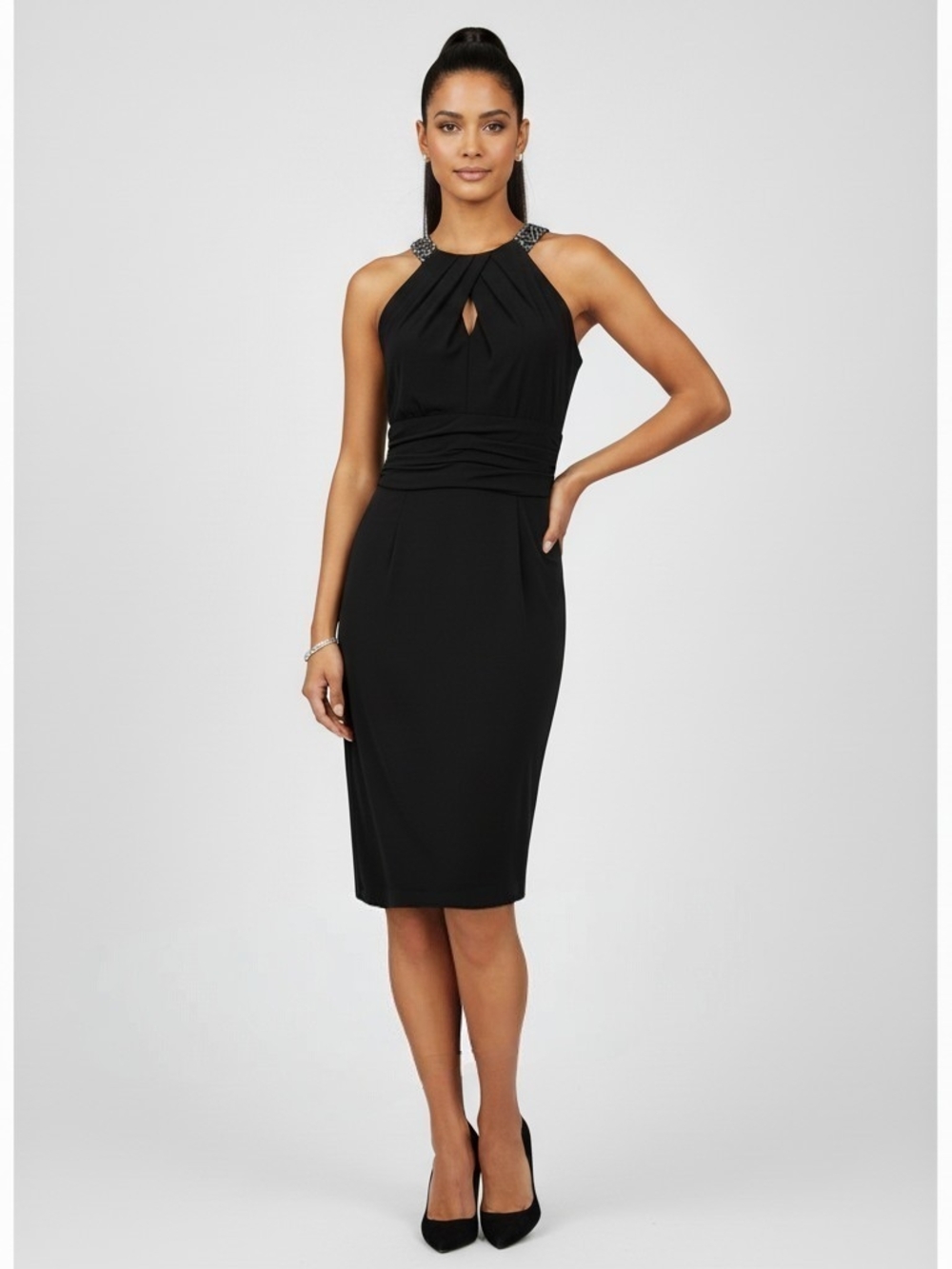 David Meister Black Beaded Halter Keyhole Cocktail Ruched Sheath Dress Size 12